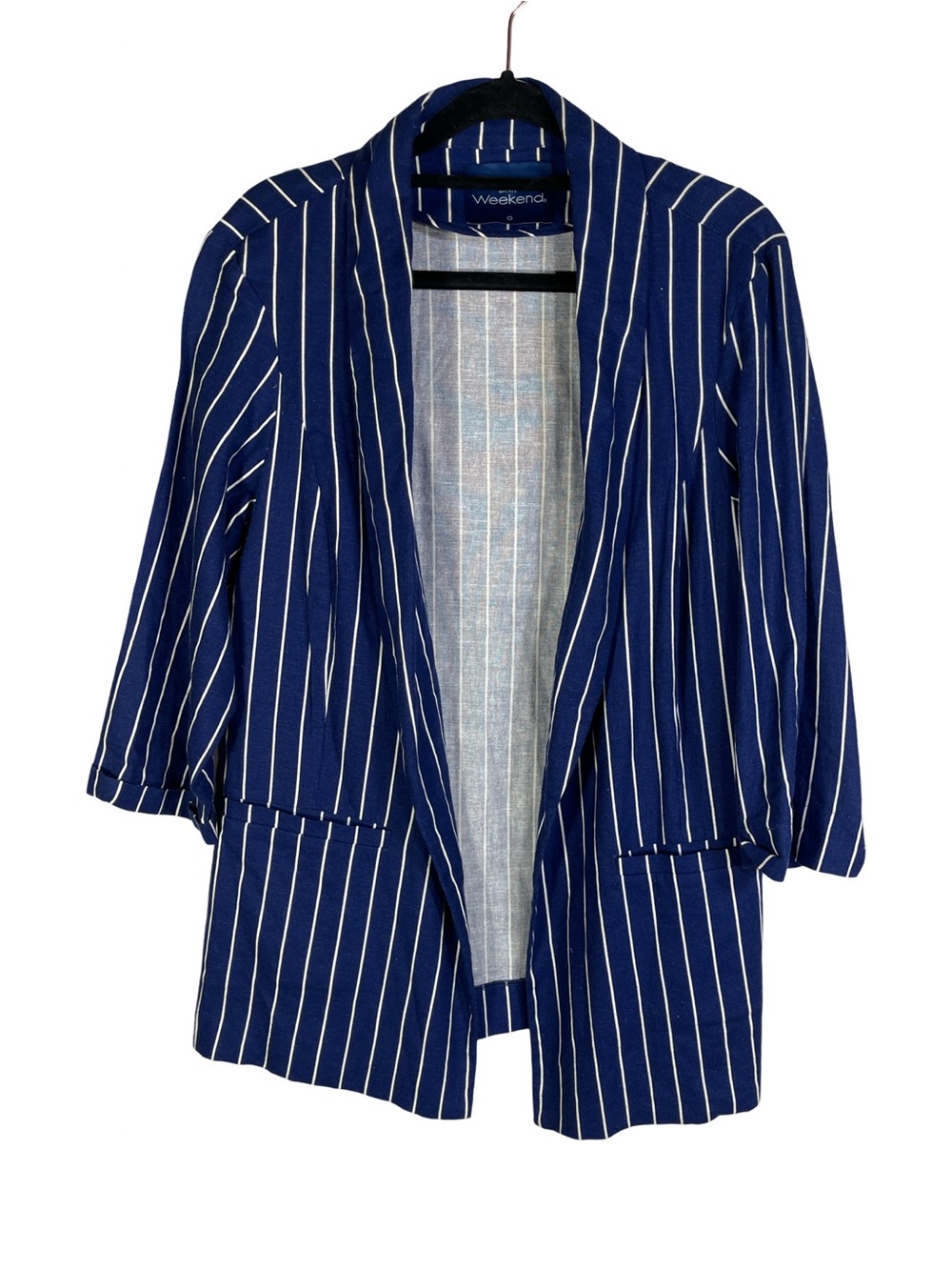 Weekend Women’s Navy Blue White Striped Blazer Jacket Size L